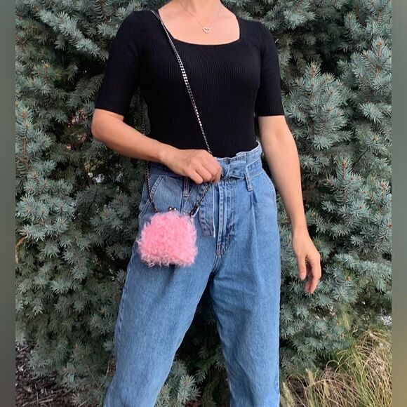 Pink Real Shearling Handmade Kisslock Mini Clutch, Coin Pouch, Crossbody - Picture 4 of 11